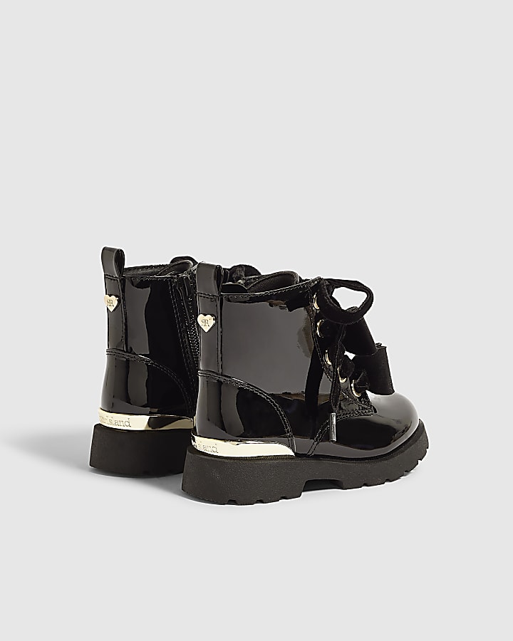 Mini Girls Black Bow Front Lace Up Boots
