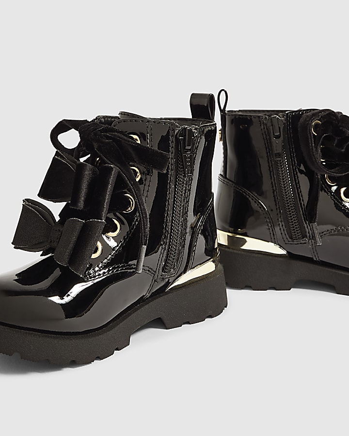 Mini Girls Black Bow Front Lace Up Boots