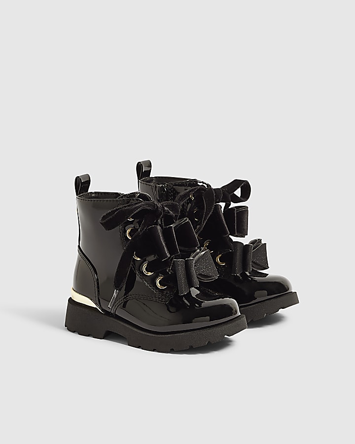 Mini Girls Black Bow Front Lace Up Boots