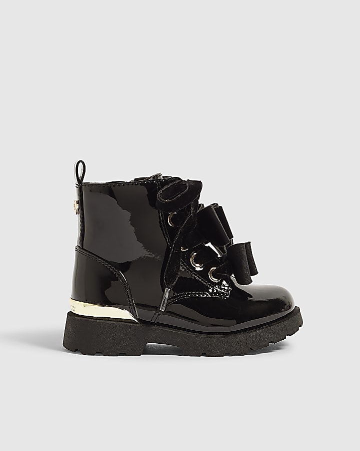 Mini Girls Black Bow Front Lace Up Boots