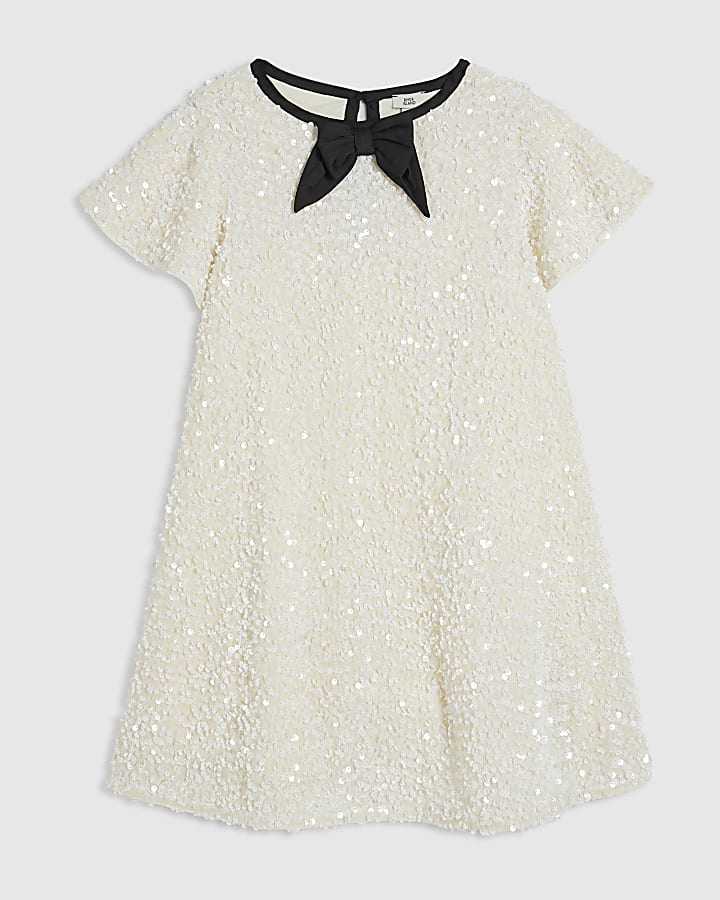 Girls Cream Sequin Bow Dress