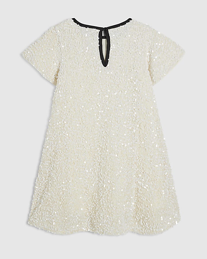 Girls Cream Sequin Bow Dress