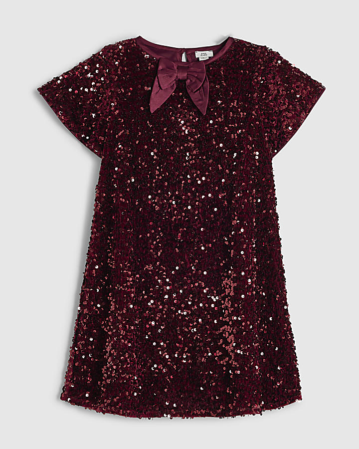 Girls Red Sequin Bow Dress