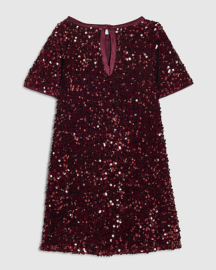 Mini Girls Red Sequin Bow Dress