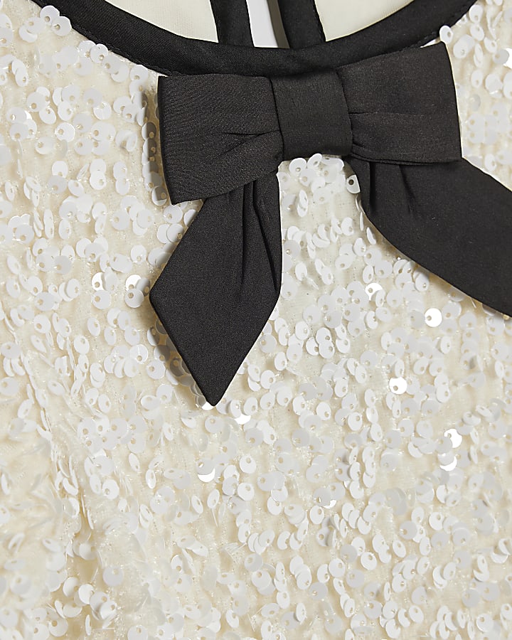 Mini Girls Cream Sequin Bow Dress
