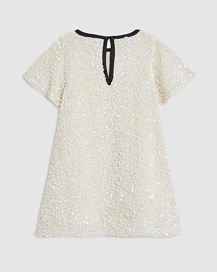 Mini Girls Cream Sequin Bow Dress