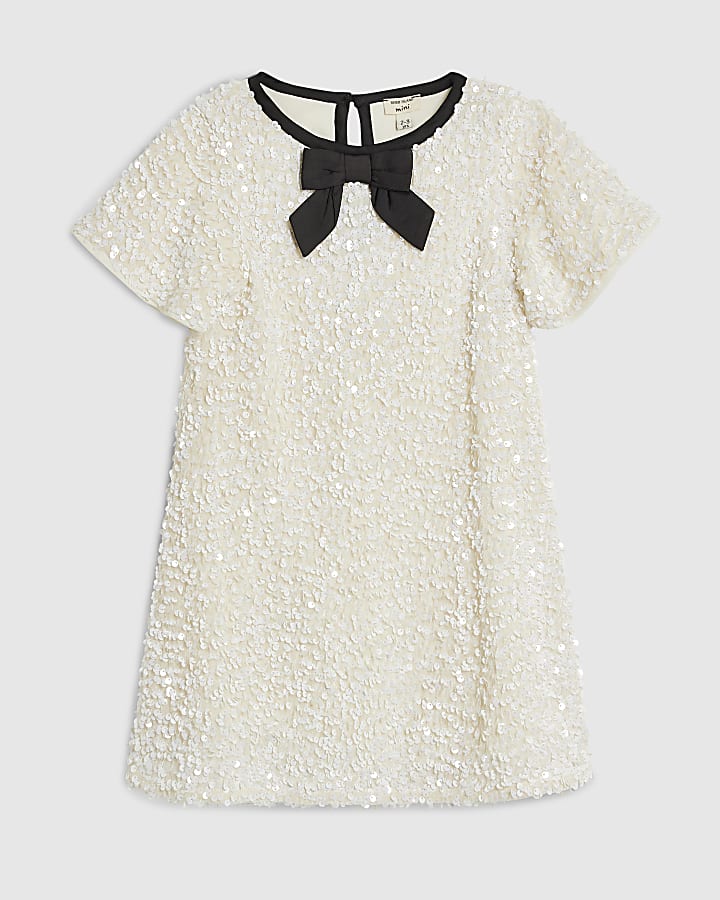Mini Girls Cream Sequin Bow Dress