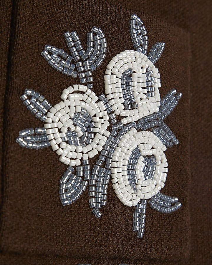 Girls Brown Knit Beaded Collar Cardigan