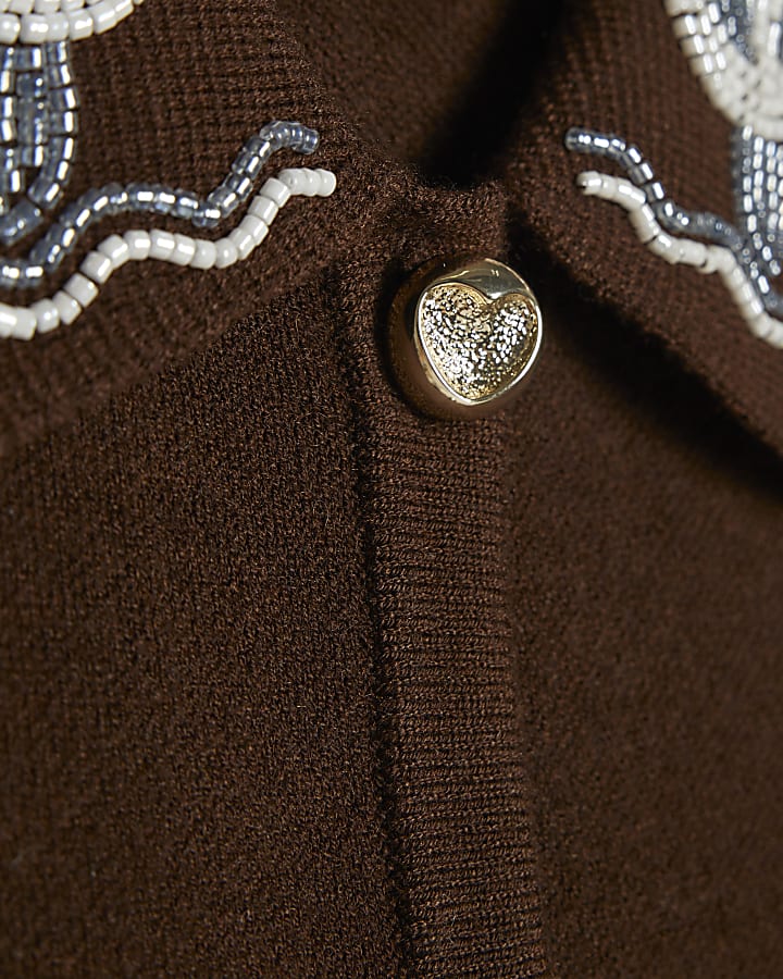 Girls Brown Knit Beaded Collar Cardigan