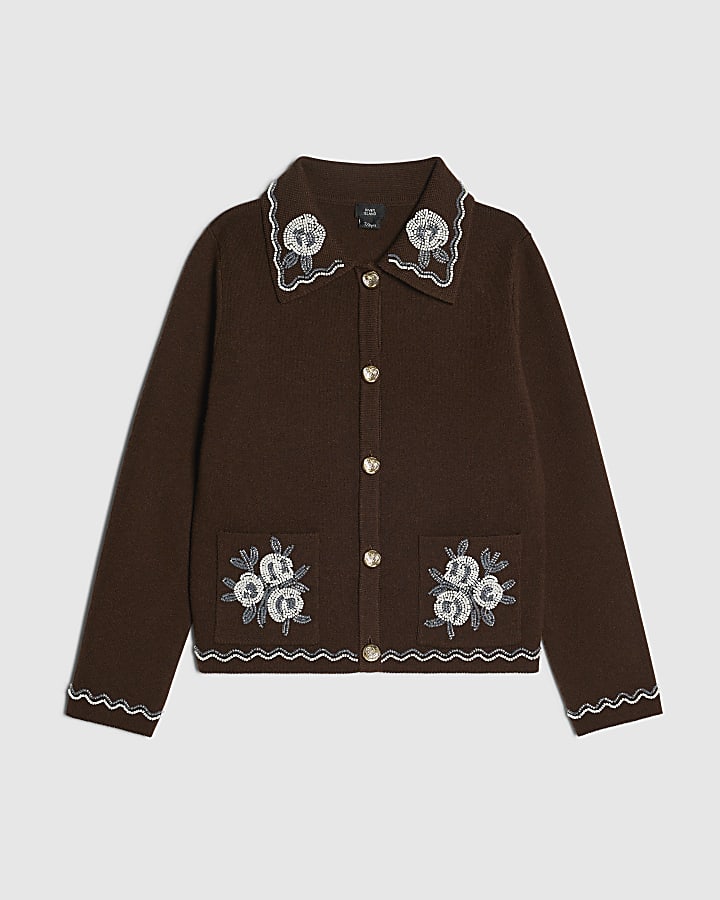 Girls Brown Knit Beaded Collar Cardigan