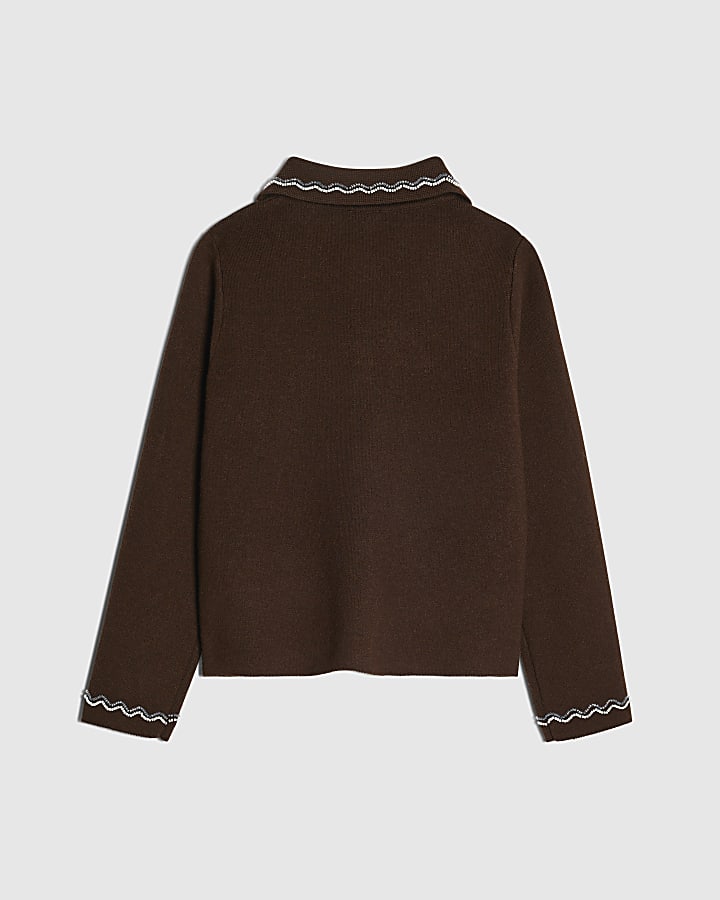 Girls Brown Knit Beaded Collar Cardigan