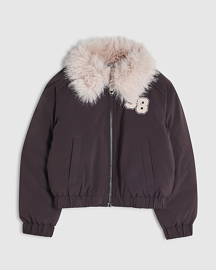 Girls Purple Fur Trim 98 Bomber Jacket