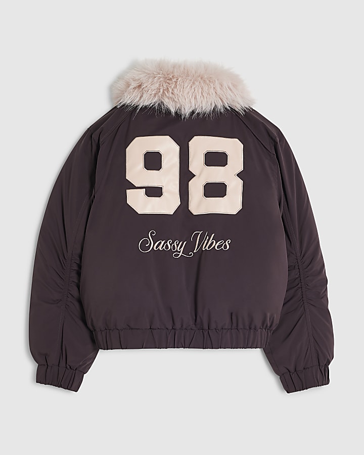Girls Purple Fur Trim 98 Bomber Jacket