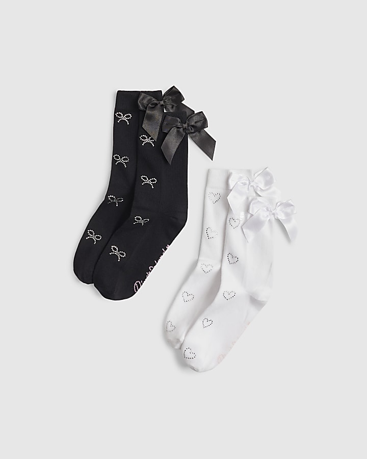 Girls Black Monogram Pack Of 2 Ankle Socks