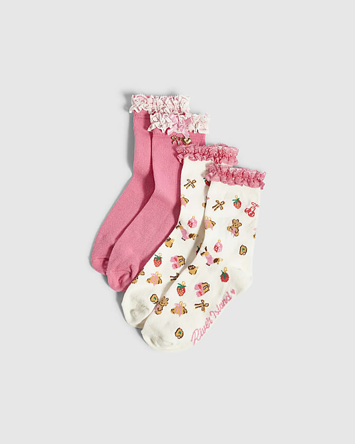 Girls Pink 3D Charm Pack Of 2 Ankle Socks