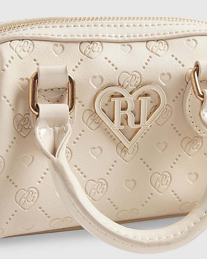 Girls Cream Monogram Heart Bowler Bag