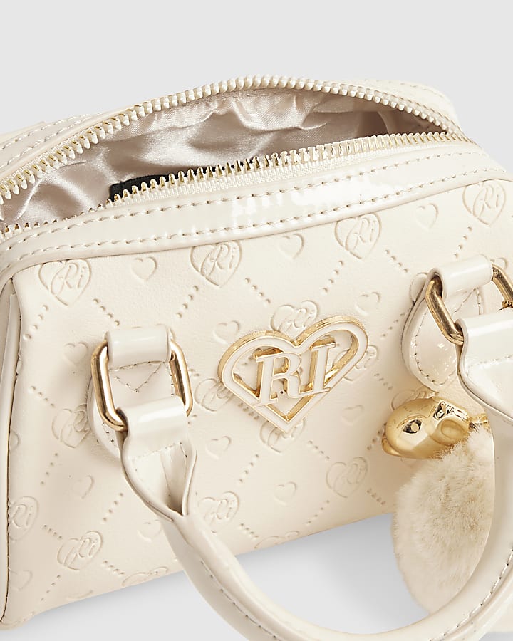 Girls Cream Monogram Heart Bowler Bag