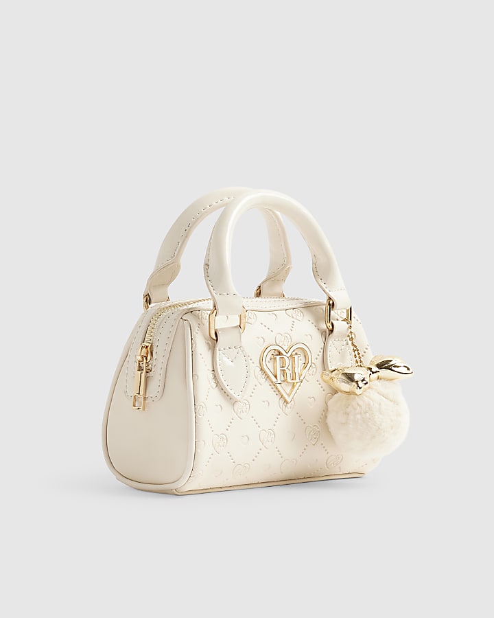 Girls Cream Monogram Heart Bowler Bag