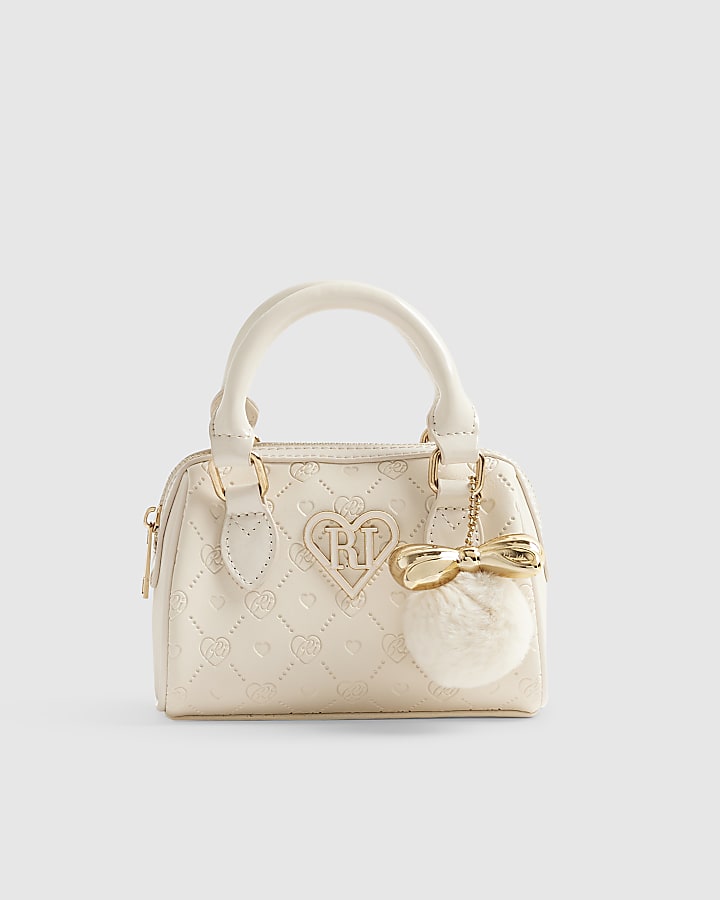 Girls Cream Monogram Heart Bowler Bag