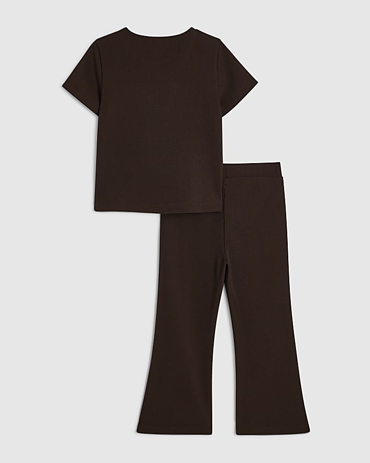 Mini Girls Brown Ponte Flared Trousers Set