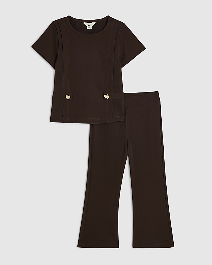 Mini Girls Brown Ponte Flared Trousers Set