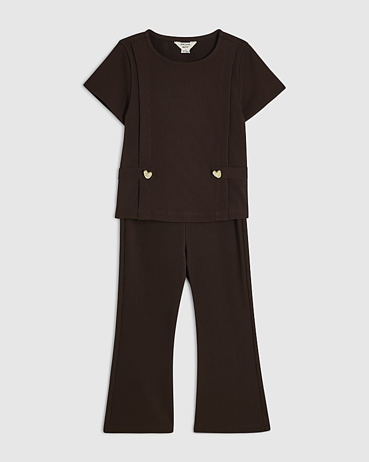 Mini Girls Brown Ponte Flared Trousers Set