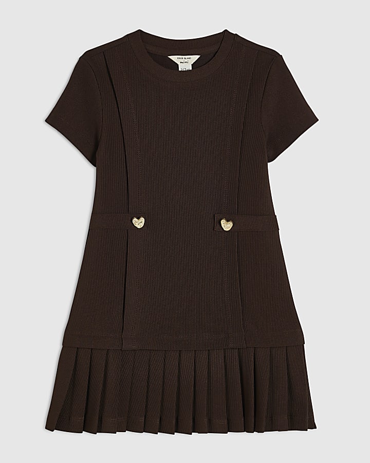 Mini Girls Brown Ponte Pleated Hem Dress