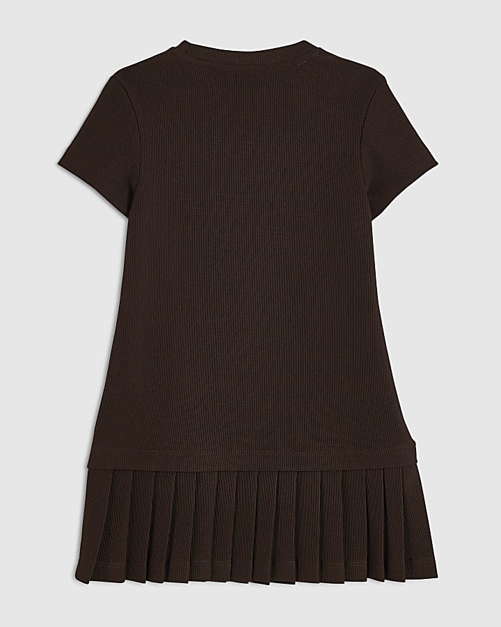 Mini Girls Brown Ponte Pleated Hem Dress