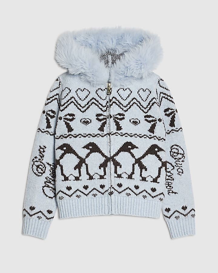 Girls Blue Faux Fur Hooded Zip Cardigan