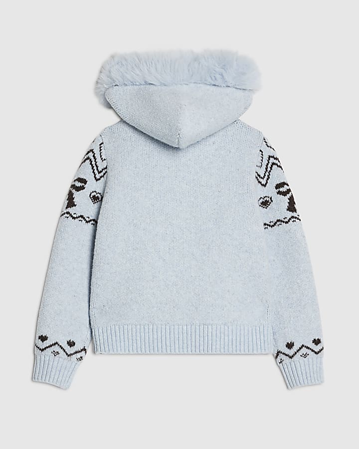 Girls Blue Faux Fur Hooded Zip Cardigan