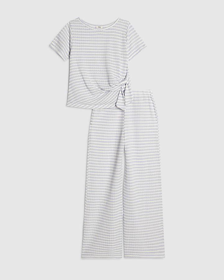Girls Blue Stripe Trousers Set