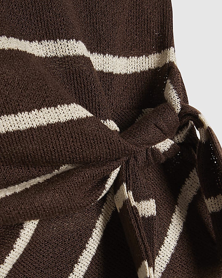 Girls Brown Knitted Stripe Shorts Set