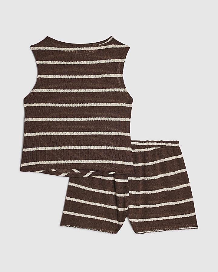 Girls Brown Knitted Stripe Shorts Set