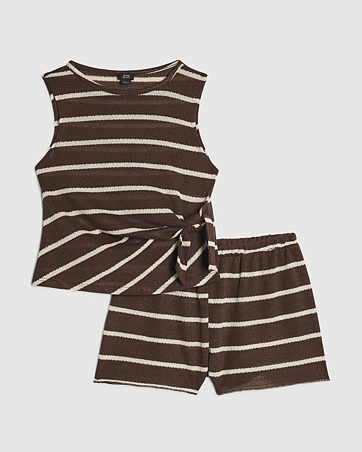 Girls Brown Knitted Stripe Shorts Set