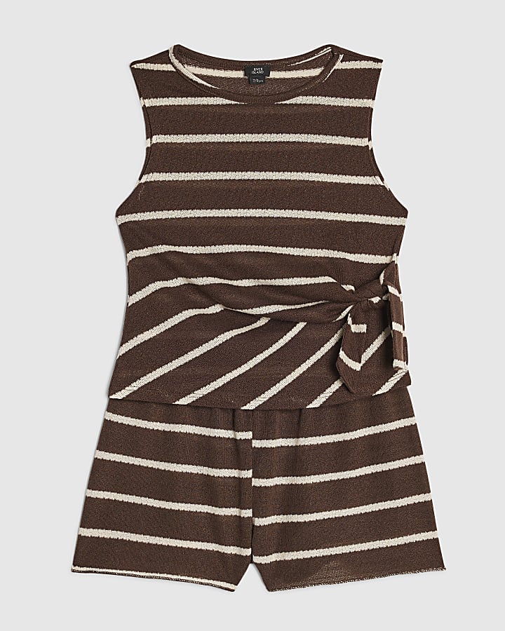 Girls Brown Knitted Stripe Shorts Set