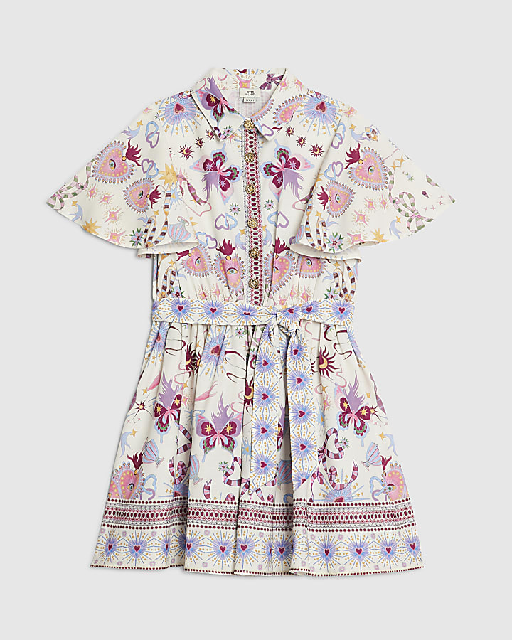 Girls Cream Butterfly All Over Print Dress