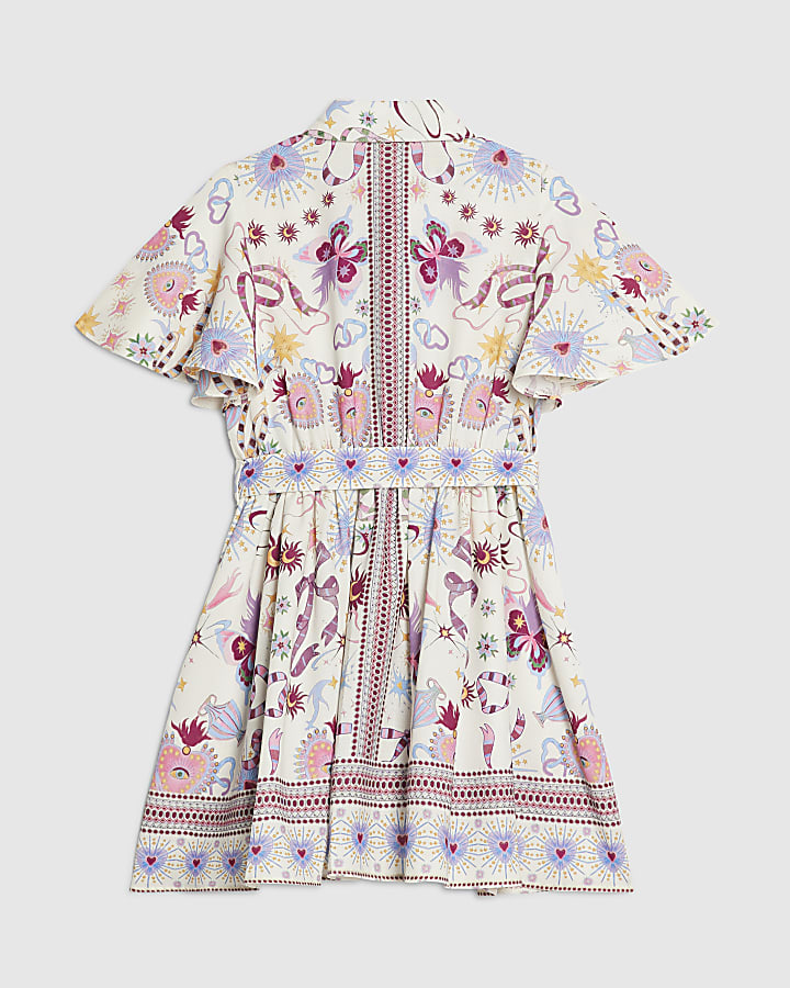 Girls Cream Butterfly All Over Print Dress