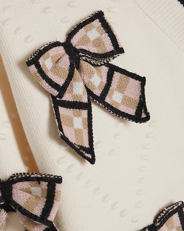 Girls Cream Knit 3D Check Bow Cardigan