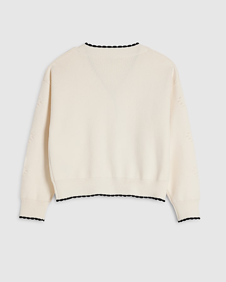 Girls Cream Knit 3D Check Bow Cardigan