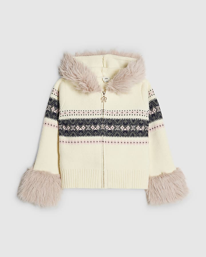 Girls Cream Fairisle Faux Fur Hooded Cardigan