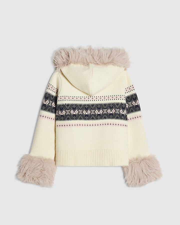 Girls Cream Fairisle Faux Fur Hooded Cardigan