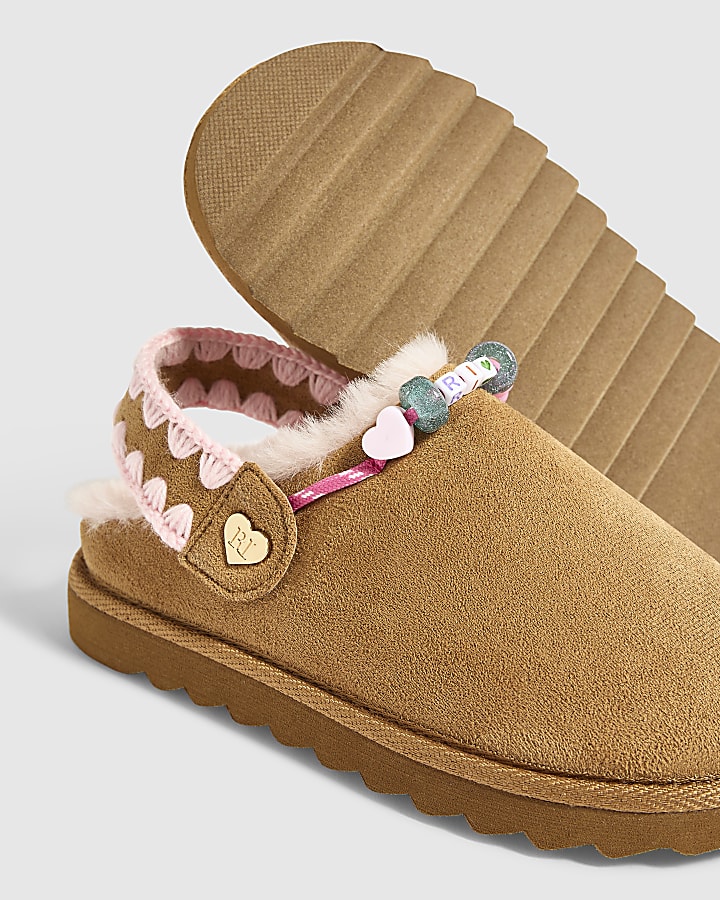 Girls Brown Beaded Thin Sole Slippers