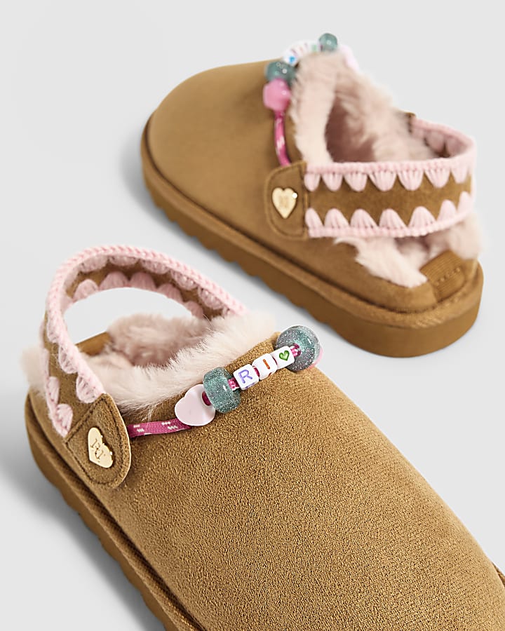 Girls Brown Beaded Thin Sole Slippers