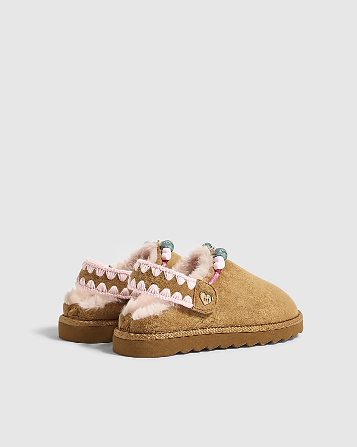 Girls Brown Beaded Thin Sole Slippers