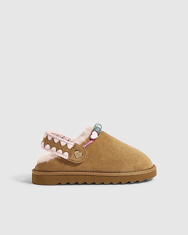 Girls Brown Beaded Thin Sole Slippers