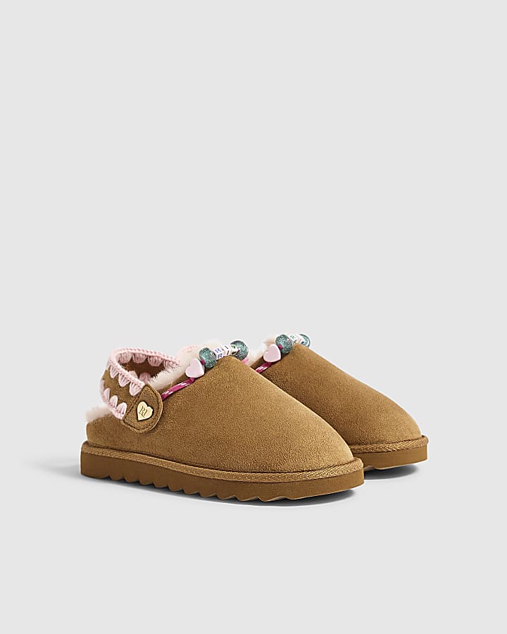 Girls Brown Beaded Thin Sole Slippers