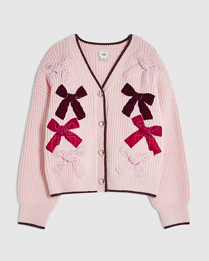 Girls Pink Velvet Bow Cardigan