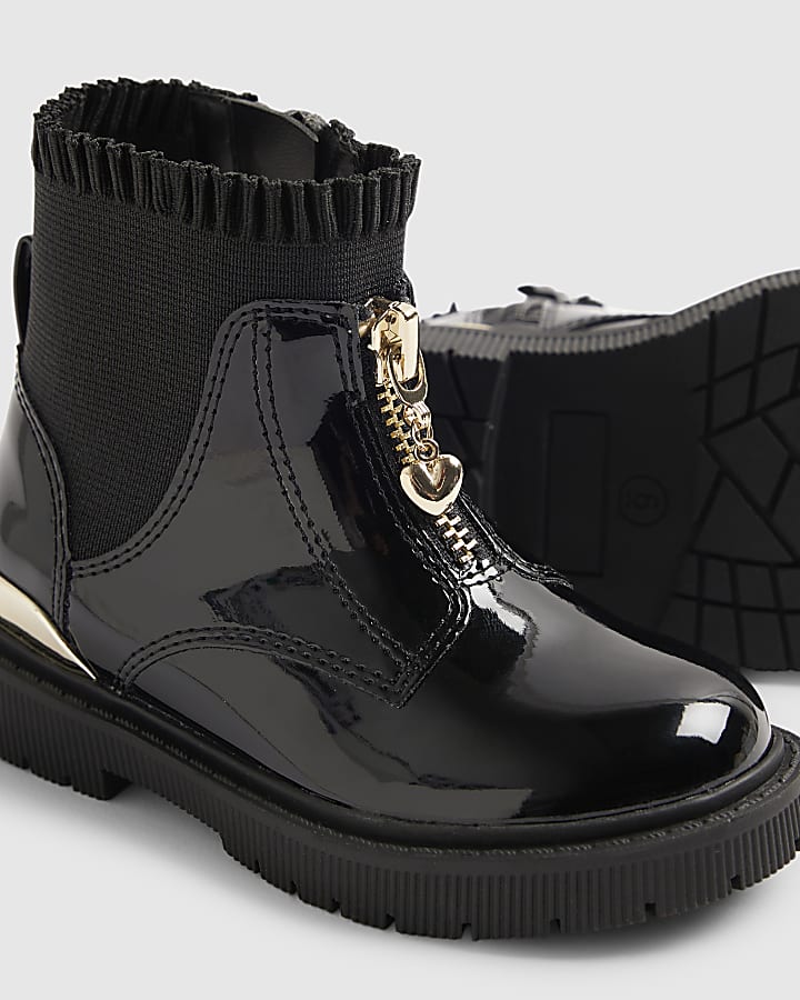 Mini Girls Black Frill Zip Front Boots