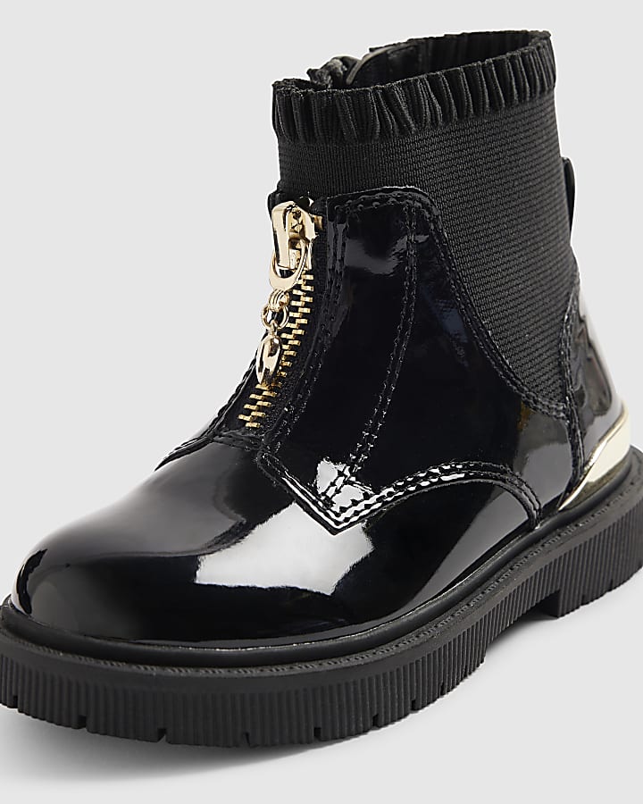 Mini Girls Black Frill Zip Front Boots
