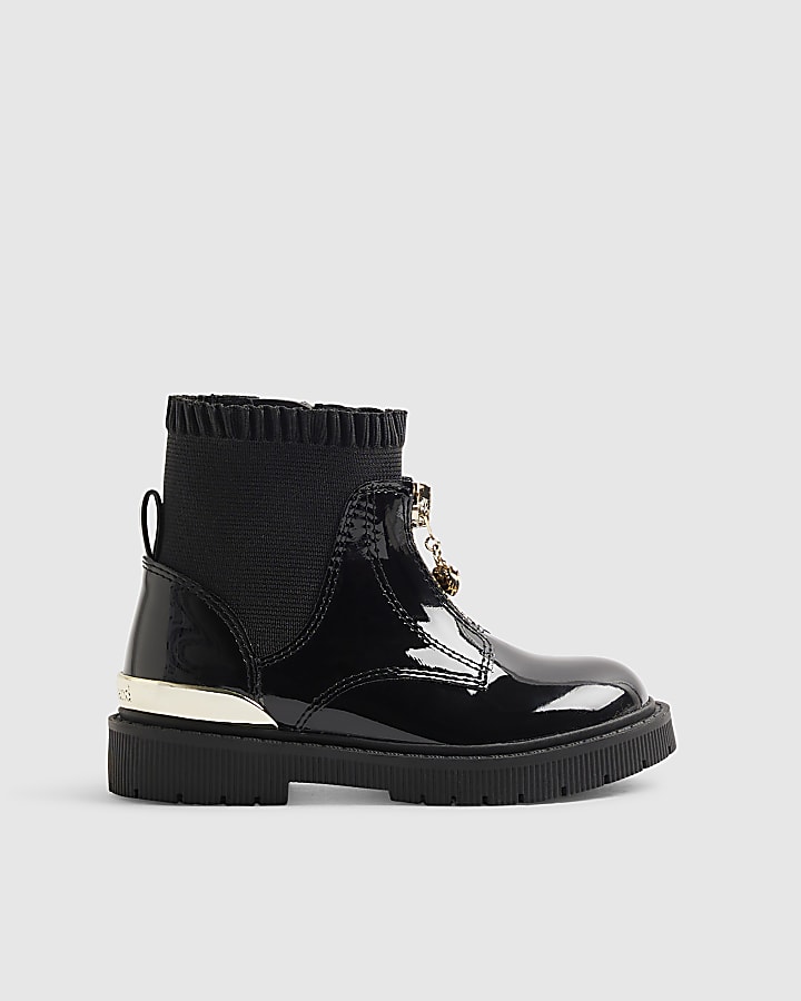 Mini Girls Black Frill Zip Front Boots